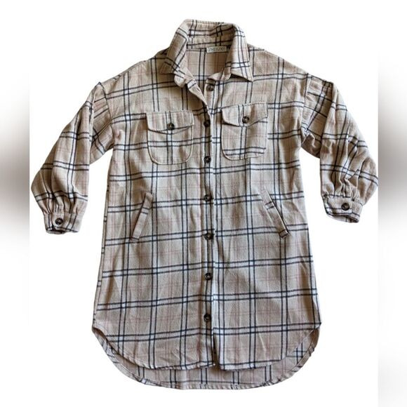 She + Sky Plaid Tan Oversized Long Sweater for Fall Cold Weather Button Up Small - Picture 1 of 5